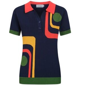 Women's Dark Blue Retro Art Knitted V-neck Polo